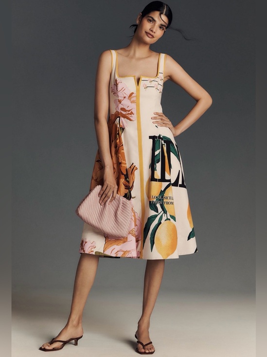 Maeve Dresses & Skirts - Floral Lemon Print Square-Neck Midi Dress in Cream and Pink